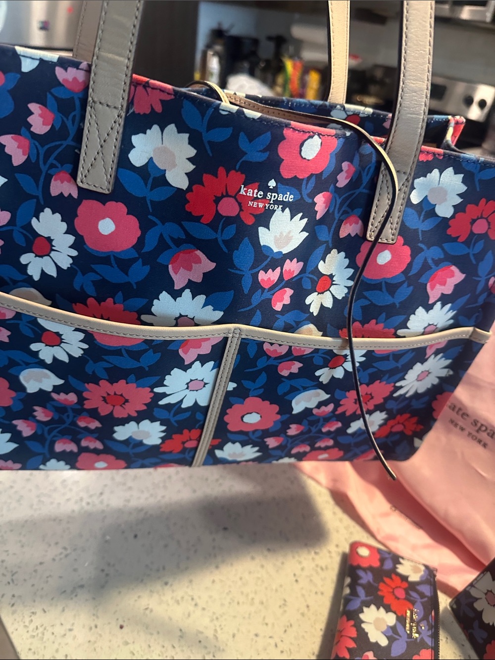 kate spade Navy Floral Tote,small Wallet, phone case, wristlet, dustbag - Picture 4 of 17